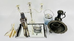 A SILVER PLATED THREE POT CANDELABRA, PLATED COCKTAIL SHAKER, CHROMIUM FRAMED MIRRORED TRAY,