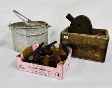 A VINTAGE TANGO SPARKLING WOODEN CRATE CONTAINING EARLY ICE SKATES,
