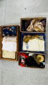 A CHEST AND CONTENTS TO INCLUDE MATERIAL AND YARN, VINTAGE CHRISTENING GOWNS ETC.