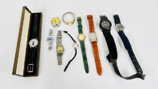 A TRAY OF ASSORTED MODERN AND VINTAGE WRIST WATCHES TO INCLUDE A ROBERTSON ADVERTISING WATCH,