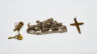 A 9CT GOLD CROSS PENDANT, FINE 9CT GOLD NECKLACE AND PENDANT A/F AND FIGARO LINK NECKLACE A/F.