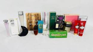 A BASKET OF ASSORTED PERFUME AND TOILETRIES TO INCLUDE AVON, KATY PERRY, CLINIQUE, YARDLEY ETC.