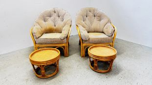 A PAIR OF CANE CONSERVATORY ARMCHAIRS AND MATCHING SIDE TABLES.