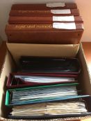 STAMPS: BOX WITH ISLE OF MAN AND ALDERNEY FIRST DAY COVERS, GB PHQ CARDS ETC IN 8 ALBUMS.