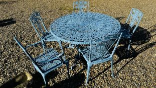 DECORATIVE CAST ALUMINIUM PATIO TABLE AND CHAIR SET COMPRISING CIRCULAR TABLE AND FIVE CHAIRS.