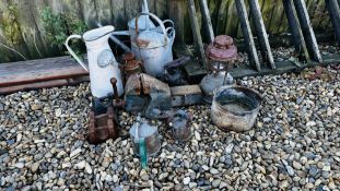 A GROUP OF BYGONE ITEMS TO INCLUDE TWO GALVANISED WATERING CANS, ENAMEL JUG, RECORD No.