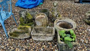 A GROUP OF 10 GARDEN STONEWORK PLANTERS INCLUDING LOG DESIGN, BRICK DESIGN,