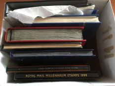 STAMPS: BOX WITH MAINLY GB IN STOCKBOOKS AND A BINDER, 1987 YEAR BOOK COMPLETE,