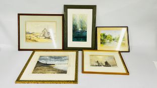 A GROUP OF 5 ORIGINAL FRAMED AND MOUNTED WATERCOLOURS TO INCLUDE SUNSHINE AND SHOWERS,