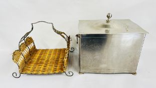 A METAL TWO HANDLED COAL BOX AND COVER W 47 X D 34 X H 46CM AND A WICKER LOG BASKET.