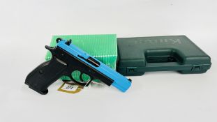 A BOXED CHIPPA 75 ARMEX 8MM BLANK FIRE PISTOL COMPLETE WITH INSTRUCTIONS AND CLEANING ROD - (ALL