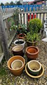 A COLLECTION OF ASSORTED GARDEN PLANTERS AND CONTENTS TO INCLUDE BOX, APPLE TREE, PRIVET, ETC.