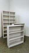 A MODERN WHITE FINISH BOOKSHELF W 84CM D 23CM H 165CM ALONG WITH TWO FURTHER THREE TIER WHITE