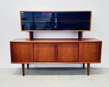 A DANISH MID CENTURY TEAK CREDENZA WITH HUTCH BEARING ORIGINAL H.P. HANSEN MAKERS LABEL.