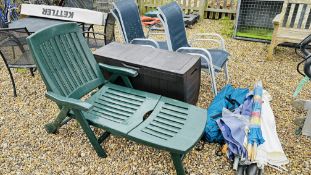 A 'FLORABEST' PLASTIC GARDEN STORAGE BOX ALONG WITH 4 METAL FRAMED STACKING GARDEN CHAIRS,