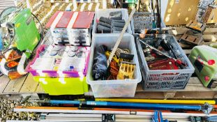 7 X BOXES FIXINGS, FITTINGS AND HAND TOOLS TO INCLUDE ROPE, FASTENING TOOLS, SAWS, HACK SAWS,
