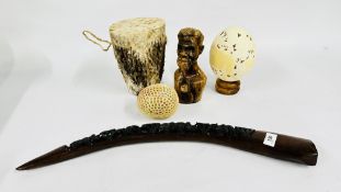 A SMALL AFRICAN SKIN DRUM HEIGHT 20CM DIAMETER 15CM, A CARVED HARDWOOD AFRICAN ANIMAL ORNAMENT,