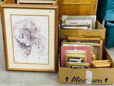 3 X BOXES CONTAINING AN EXTENSIVE GROUP OF FRAMED PICTURES, PRINTS AND ORIGINAL WORKS,
