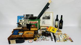 A BOX OF COLLECTABLES TO INCLUDE COINAGE, LEATHER BELT, COSTUME JEWELLERY AND ENAMELED BADGES,
