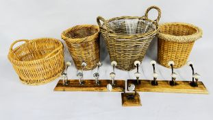 4 X WICKER AND CANE BASKETS ALONG WITH THREE DESIGNER COAT HOOKS.