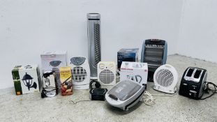 A GROUP OF HOME ELECTRICALS TO INCLUDE BOXED AS NEW MORPHY RICHARDS JUG KETTLE, 4 X FAN HEATERS,