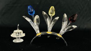 A SWAROVSKI CRYSTAL COLOURED TULIP DISPLAY AND STAND ALONG WITH VARIOUS PRESENTATION BOXES + A