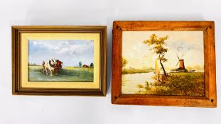 AN ORIGINAL FRAMED OIL ON BOARD DEPICTING A LOCAL BROADLAND SCENE UNSIGNED 24 X 20CM ALONG WITH A