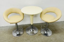 RETRO TULIP DESIGN BISTRO TABLE AND TWO RISE AND FALL BREAKFAST STOOLS.
