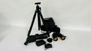 A BRESSER 20-60 X 60 SPOTTING SCOPE WITH WEIFENY TRIPOD AND TWO PAIRS OF BINOCULARS INC.