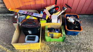 6 X BOXES OF SHED SUNDRY AND HOME ELECTRICALS TO INCLUDE A CATHEDRAL SHREDDER,