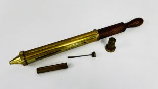 AN ENFIELD MILITARY GUN OILER, TRENCH ART LIGHTER AND VINTAGE BRASS SYRINGE.