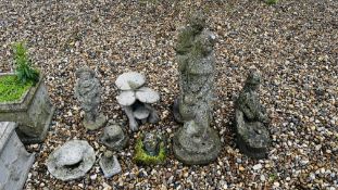 A GROUP OF GARDEN DECORATIVE STONEWORK TO INCLUDE THREE FIGURES THE TALLEST 70CM,