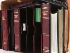 STAMPS: BOX WITH THE BALANCE OF A COLLECTION IN SIX VOLUMES, PLUS EMPTY SLIP CASES AND BINDERS,