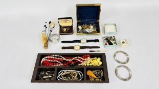 A BOX OF ASSORTED COSTUME JEWELLERY, BEADED NEKLACES,