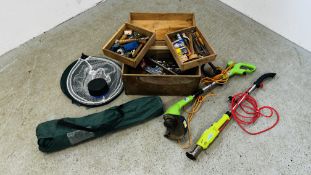 CARPENTERS WORK BOX CONTAINING MISC HAND TOOLS TO INCLUDE HAND BRACE, CHISELS, SCRIBES, PLANES,