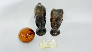 TWO CARVED HARD WOOD ETHNIC BUSTS 19.5CM & 17CM ALONG WITH A THUYA TRINKET BOX.