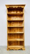 A WAXED PINE SIX TIER FULL HEIGHT OPEN BOOKSHELF WIDTH 96CM DEPTH 38CM HEIGHT 219CM