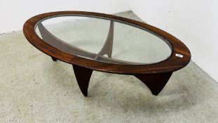 G-PLAN RETRO TEAK OVAL GLASS TOP COFFEE TABLE,