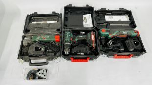 3 X CASED PARKSIDE CORDLESS POWER TOOLS TO INCLUDE 20 VOLT CORDLESS DRILL AND CHARGER,