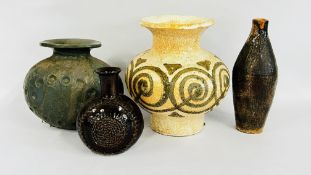 4 X STUDIO POTTERY VASES, ONE BEARING SIGNATURE C. PLUNKETT.