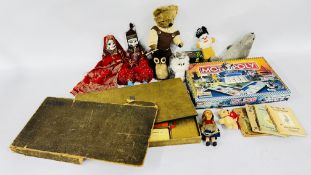 A BOX OF COLLECTIBLES TO INCLUDE MODERN MONOPOLY NORWICH EDITION AND A VINTAGE EXAMPLE, PUPPETS,