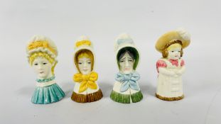 A GROUP OF 4 ROYAL WORCESTER PORCELAIN CANDLE SNUFFERS TO INCLUDE FETHERED HAT, MOB CAP,
