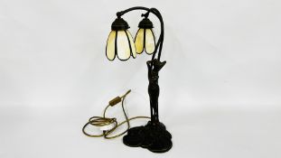 AN ART NOUVEAU STYLE TWO BRANCH TABLE LAMP (WIRING REMOVED) - SOLD AS SEEN.