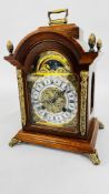 A DUTCH MANTEL CLOCK WITH MOON PHASE DIAL, GILT FINIALS AND DECORATION H 29 X W 20 X D 15.5CM.