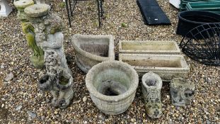 A GROUP OF GARDEN STONEWORK TO INCLUDE TWO FIGURED SUPPORT STANDS, CORNER PLANTER,