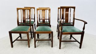 A SET OF SIX MAHOGANY DINING CHAIRS WITH STRINGING INLAY AND GREEN VELOUR STUFF OVER SEATS (5 X