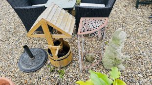 A WOODEN GARDEN WISHING WELL GARDEN PLANTER FEATURE, A DECORATED CAST METAL CORNER STAND,