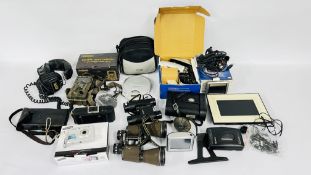 BOX OF ASSORTED PHOTOGRAPHIC EQUIPMENT, HOME TELEPHONES, BINOCULARS, TOMTOM AND GARMIN SATNAVS,