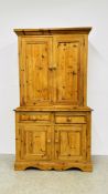 A STRIPPED PINE LARDER CUPBOARD WITH TWO DRAWER,
