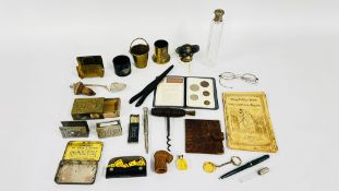 A TRAY OF COLLECTIBLES TO INCLUDE MATCHBOX HOLDERS, TABLE VESTAS, CORKSCREWS,